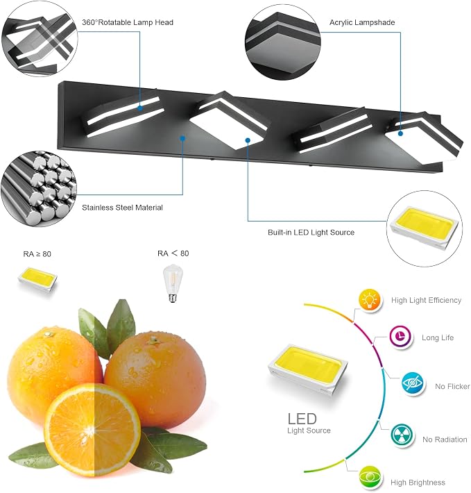 SineRise LED Modern Bathroom Vanity Light Fixtures, Matte Black Modern Acrylic - Image 2