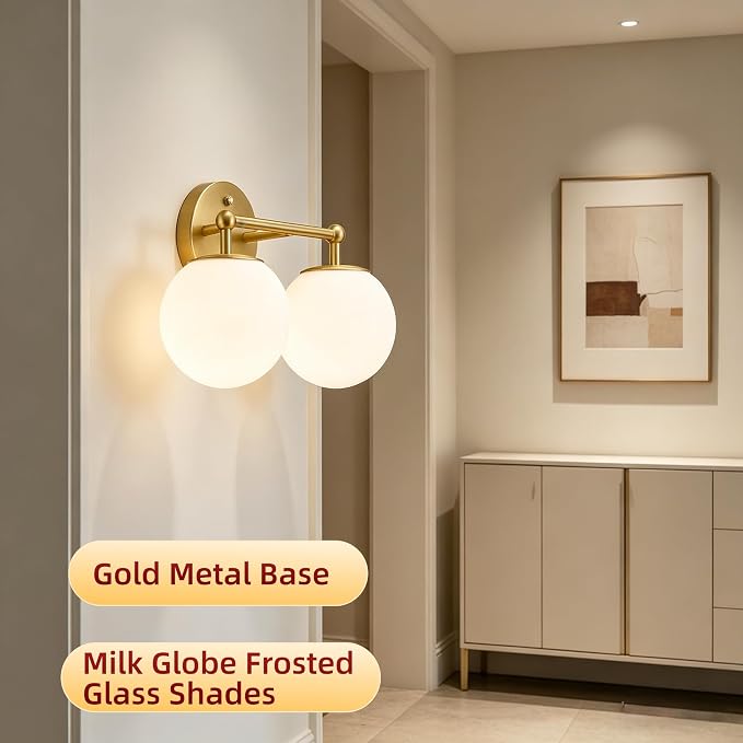 AKEZON Gold Bathroom Light Fixtures, 2-Light Vanity Lights Over Mirror Wall - Image 3