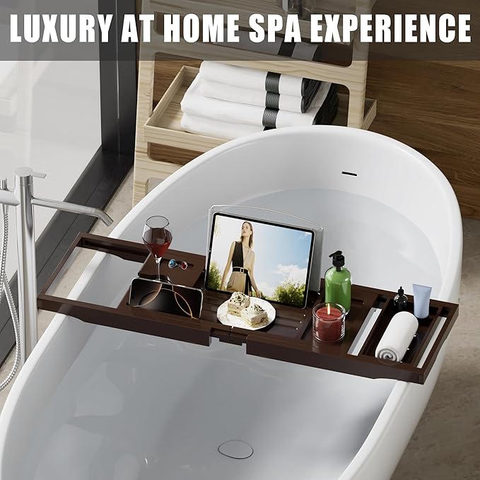 Foldable Bathtub Caddy Tray for Tub, Bamboo Expandable Bath Table Trays - Image 2