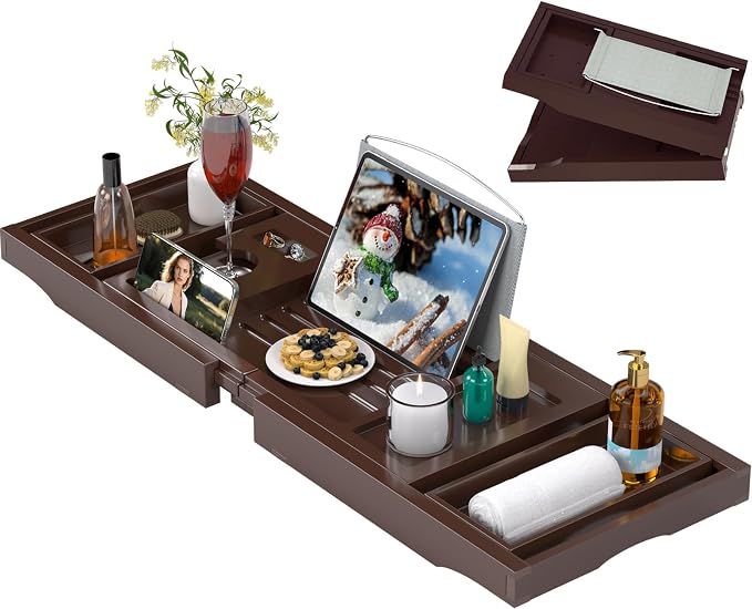 Bathtub Caddy Tray for Tub, Foldable Bath Table Trays, Bamboo Shelf by Artmalle