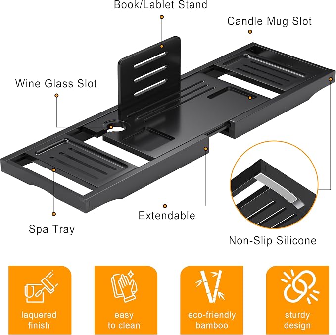 Bathtub Tray Caddy, Premium Bamboo Expandable Bath Tub Trays Table, Foldable - Image 5