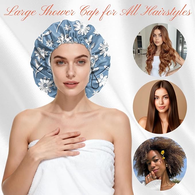 Shower Cap Reusable Double Layer Adjustable Elastic Waterproof EVA Hair Bath - Image 4