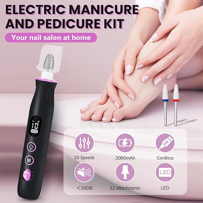 Electric Nail Drill, Cordless 2000 mAh Rechargeable Portable Nail File 12 in 1 - Image 2