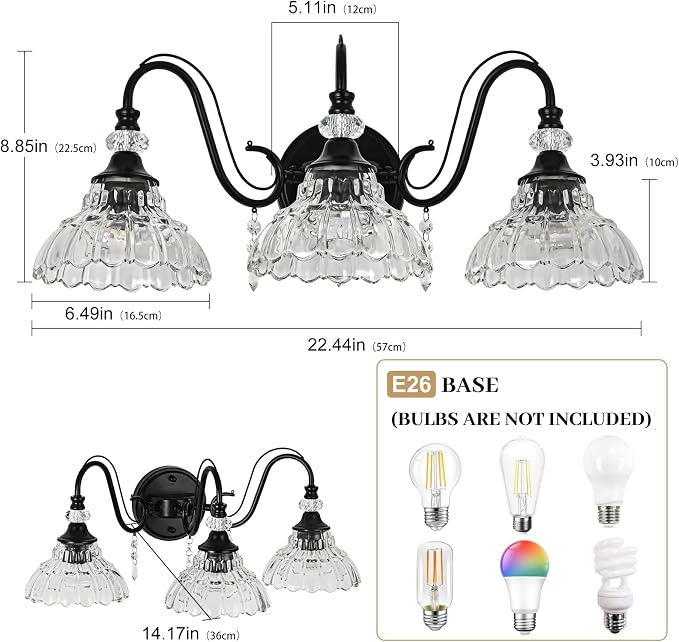 Black Bathroom Vanity Light, 3-Light Matte Black Finish Farmhouse Wall Sconce - Image 6