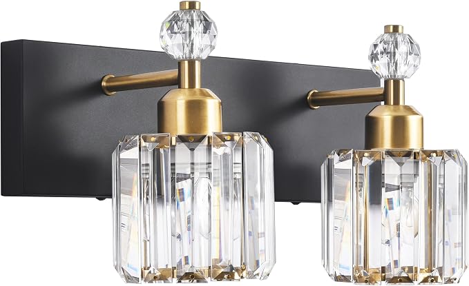 PRESDE 2-Crystal Bathroom Vanity Light Modern Black and Gold Bathroom Lights by HOME