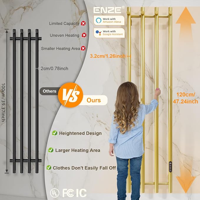 ENZE Smart Heated Towel Rack, Wall Mounted Electric Towel Warmer 300W - Image 7