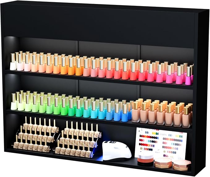 OmySalon Wall Mounted Display Rack, 47.6-Inch 3-Tier LED Nail Polish Organizer by OmySalon