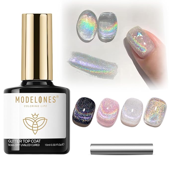 modelones Rainbow Cat Eye Gel Nail Polish Top Coat, 2-in-one 9D Glitter Clear - Image 2