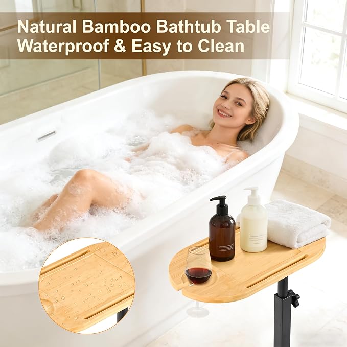 Bamboo Bathtub Side Table, 360° Swivel Height Adjustable Freestanding Bath - Image 6