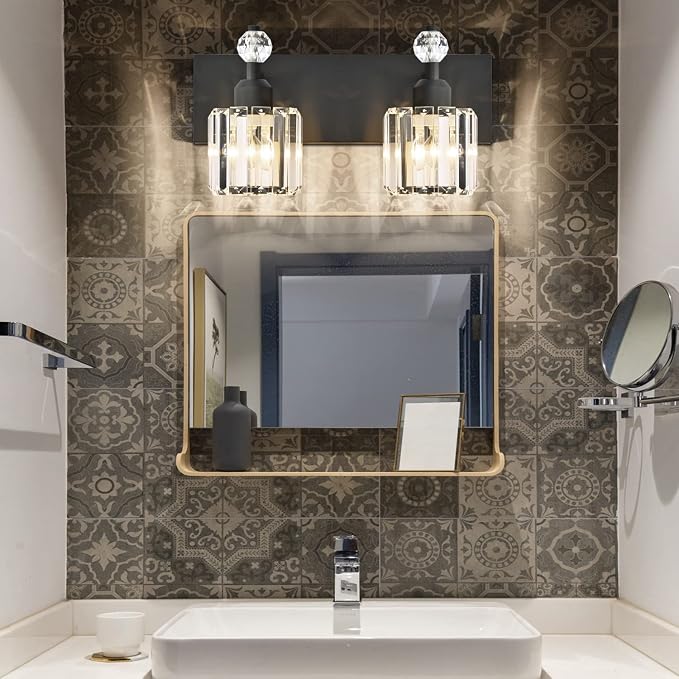 PRESDE 2-Light Crystal Bathroom Lights Fixtures Modern Matte Black Wall - Image 3