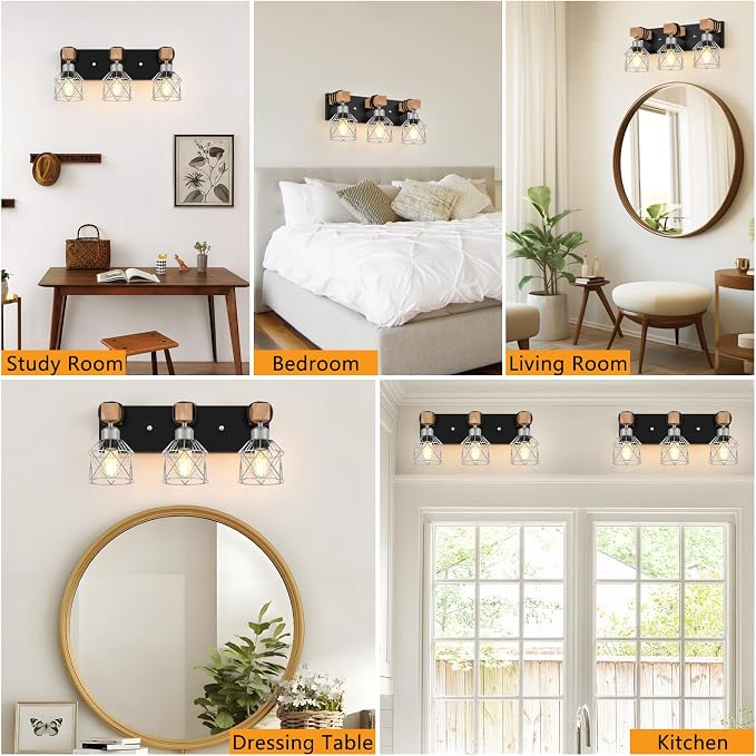 FadimiKoo 3-Light Wood Bathroom Light Fixtures Over Mirror, Rustic Black Silver - Image 6