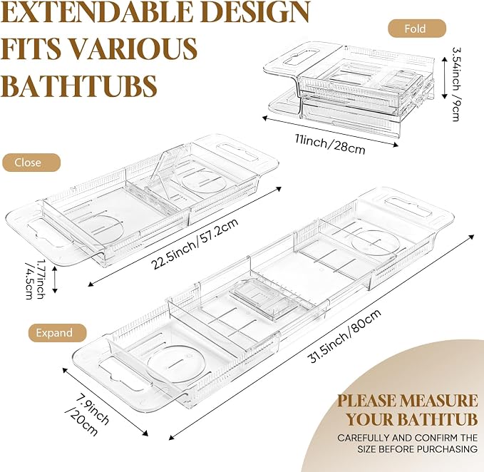 Expandable Clear Acrylic Bathtub Tray Caddy, Foldable Tub Bath Tray - Image 3