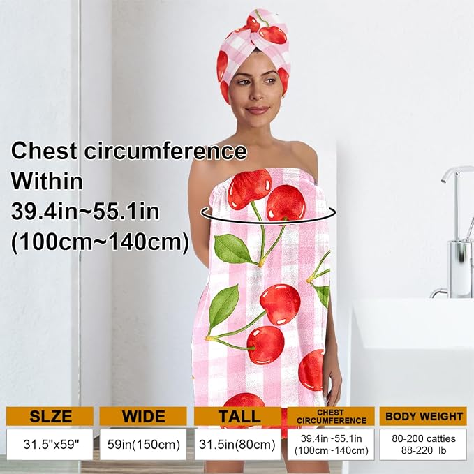 Cherry Bath Wrap with Hair Turban – Pink Check Microfiber Shower Skirt and - Image 3