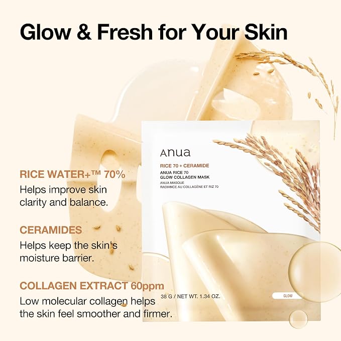 ANUA Rice 70 Glow Collagen Mask, Overnight Face Mask - Image 3