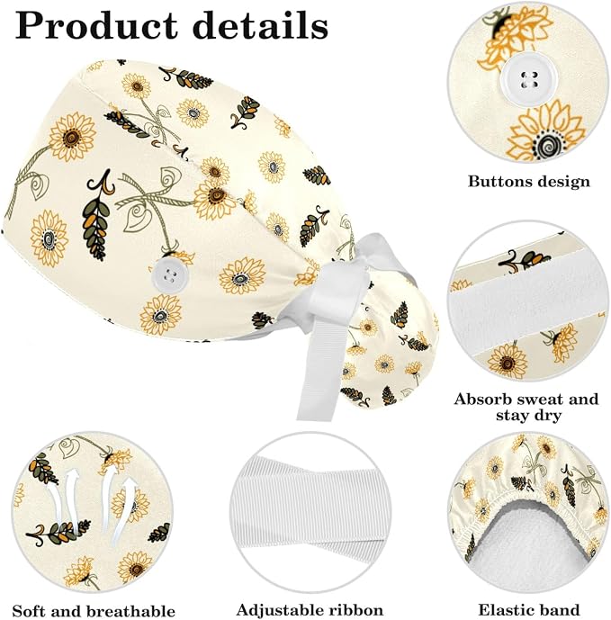 Women Working Cap with Buttons Bouffant Hat Autumn Leaves Nurse Scrub Caps Long - Image 4