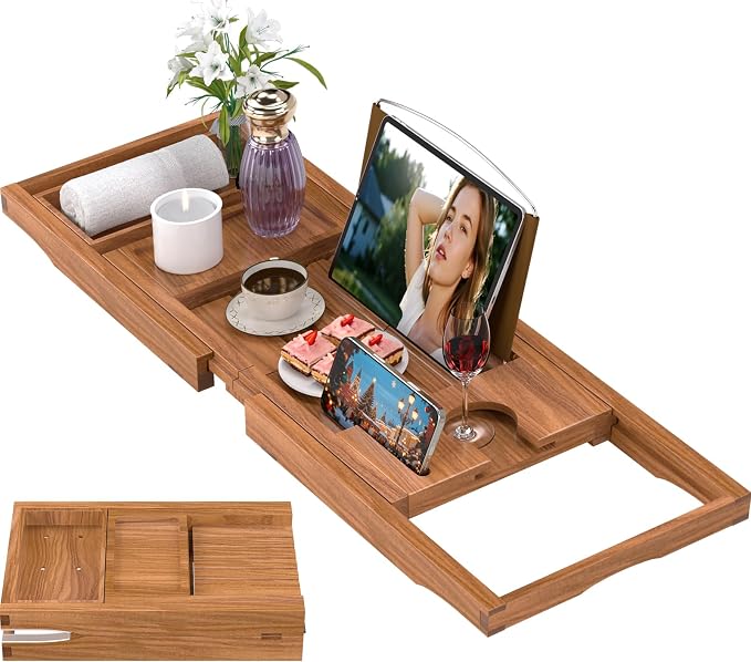 Premium Teak Bathtub Tray Caddy, Expandable Wooden Bath Tray by BAMBUROBA
