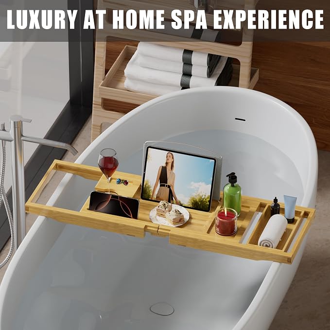 Foldable Bathtub Caddy Tray for Tub, Bamboo Expandable Bath Table Trays - Image 2