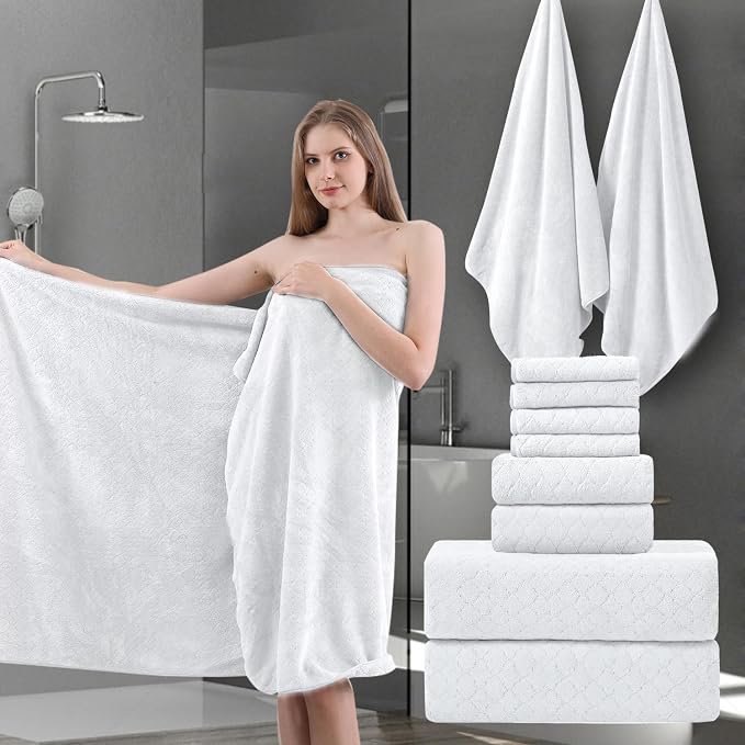 8-Piece White Bath Towels Set, 2 Oversized Large Bath Towels Sheet, 2 Hand by Ycosy