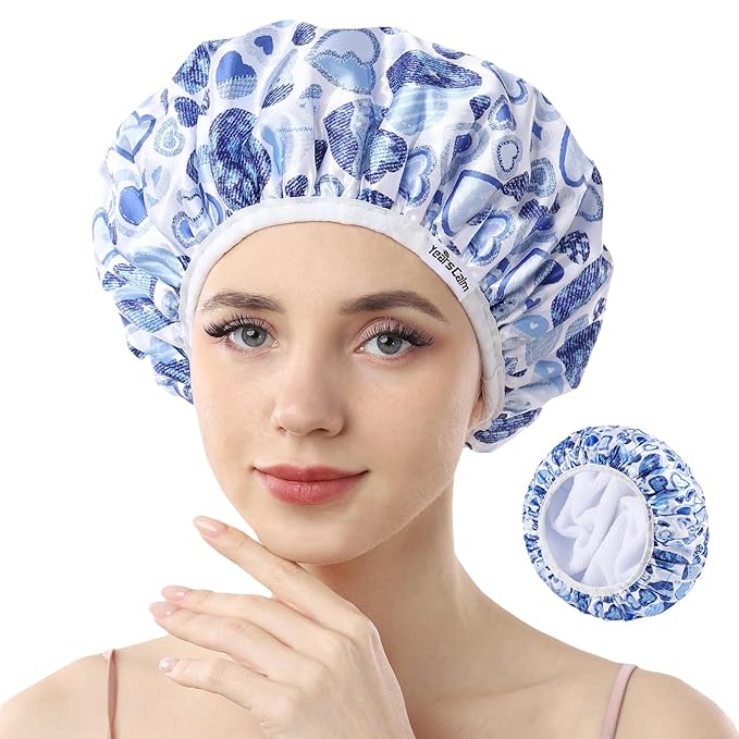 Years calm Terry Lined Shower Cap, Triple Layer Heart Motifs, Waterproof by Yearscalm