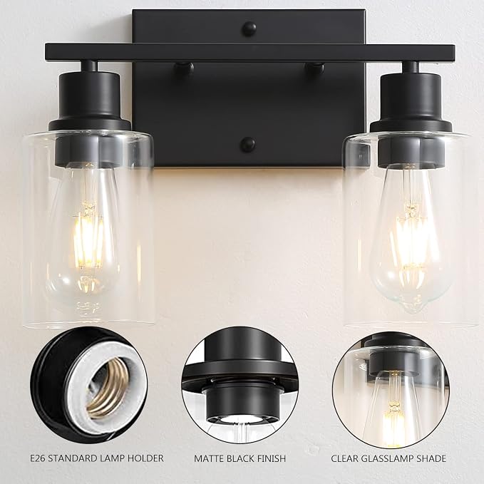 Bathroom Vanity Light Fixtures, 2-Light Matte Black Bathroom Lights, Wall - Image 3