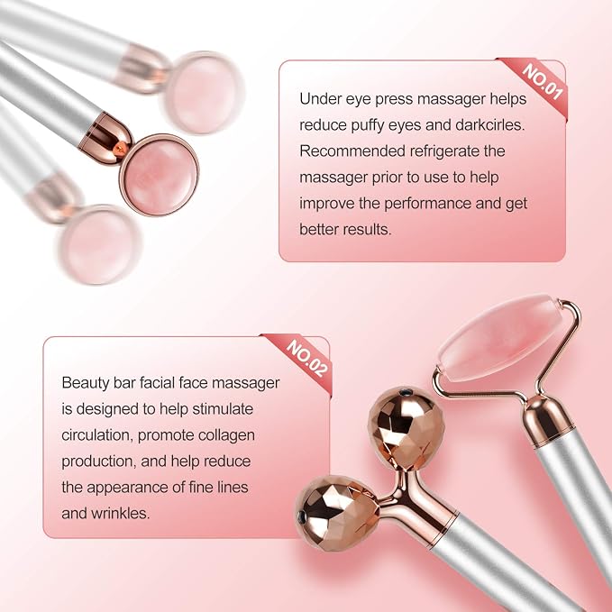 3-IN-1 Electric Jade Roller 3D Roller Facial Roller & Face Massager, Rose Quartz - Image 7