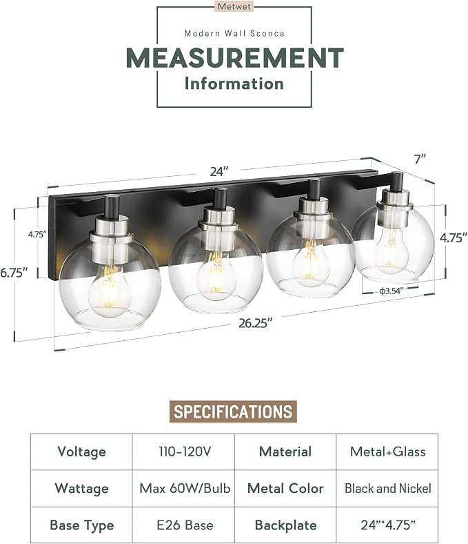 Bathroom Light Fixtures, 4-Light Black and Brushed Nickel Bathroom Vanity Light - Image 4