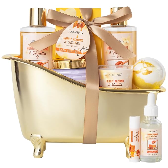 Spa Gift Baskets For Women and Men, Home Luxury Scents Honey Almond Bath Sets by ASINING