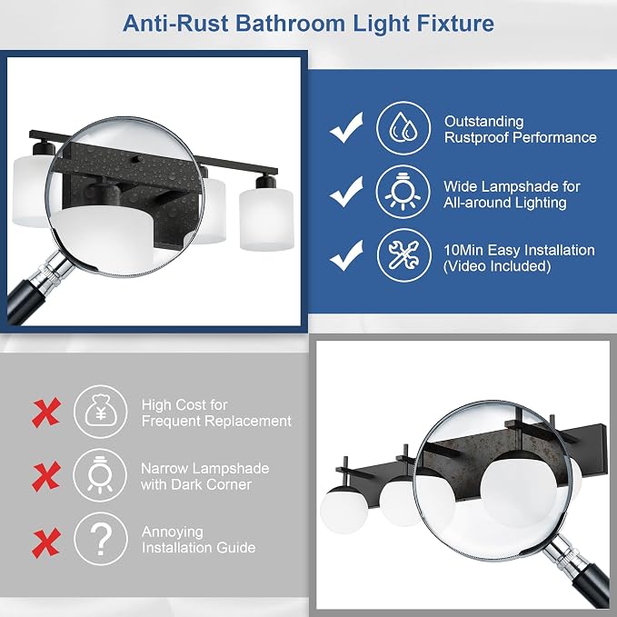 Black Vanity Lights for Bathroom, Anti-rust 4-Light Bathroom Light Fixtures - Image 3