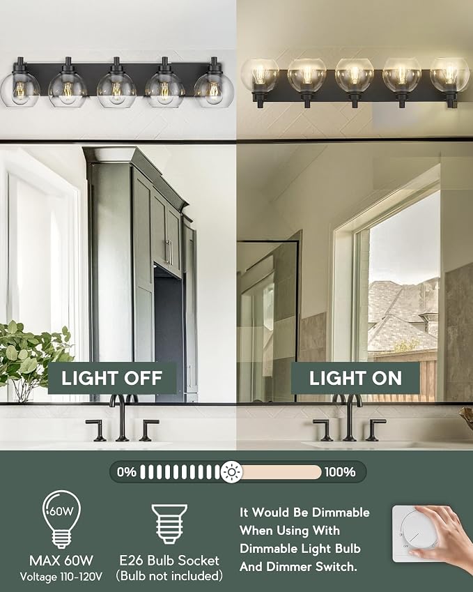 Bathroom Light Fixtures, 5 Light Matte Black Vanity Light, 32 Inch Modern Wall - Image 4