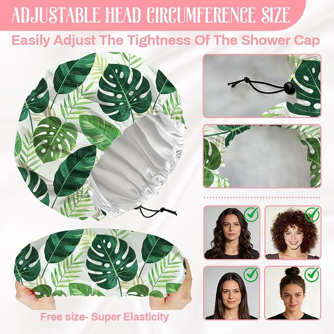 Tropical Leaves Reusable Shower Cap Green Monstera Double Layer Waterproof - Image 2