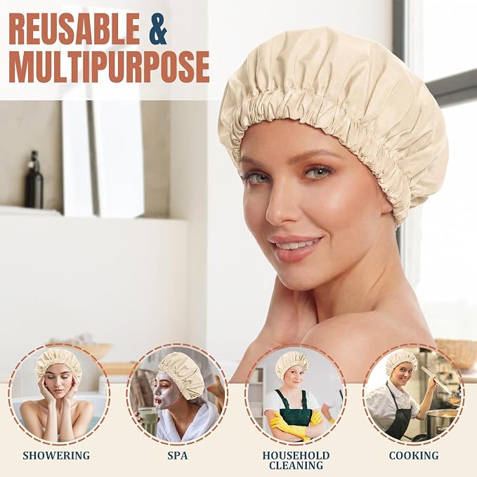 Reusable Shower Cap for Women, Large Waterproof Shower Bonnet - Image 3