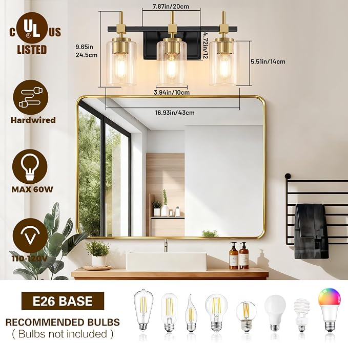 Asnxcju 3-Light Black and Gold Bathroom Light Fixtures, Vanity Lights - Image 2