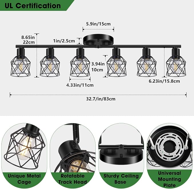 Baocuz 6-Lights Black Semi Flush Mount Ceiling Light, Rotatable Kitchen Track - Image 2