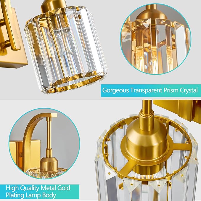 3-Light Crystal Vanity Light, Modern Gold Bathroom Wall Sconce - Image 5