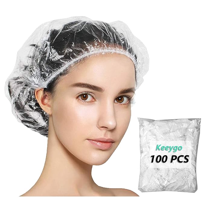 Keeygo Disposable Shower Caps 100 PCS Bath Caps Clear Waterproof Plastic Wraps by Keeygo