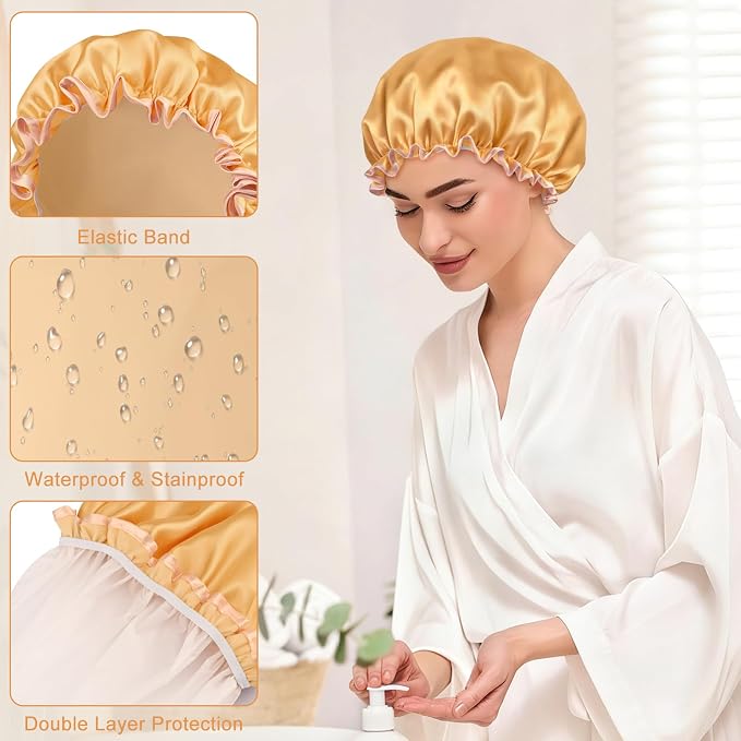 Waterproof Shower Caps for Women, Solid Color Dual-Layer Elastic Band Design - Image 4