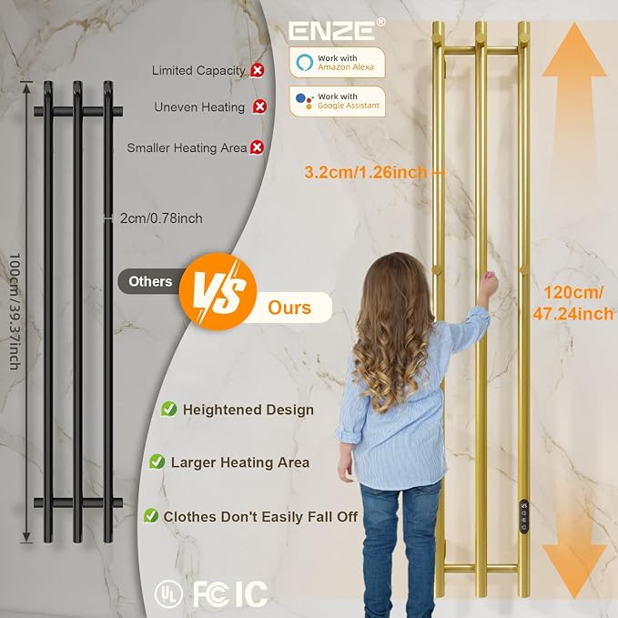 ENZE Smart Heated Towel Rack, Wall Mounted Electric Towel Warmer 220W - Image 7
