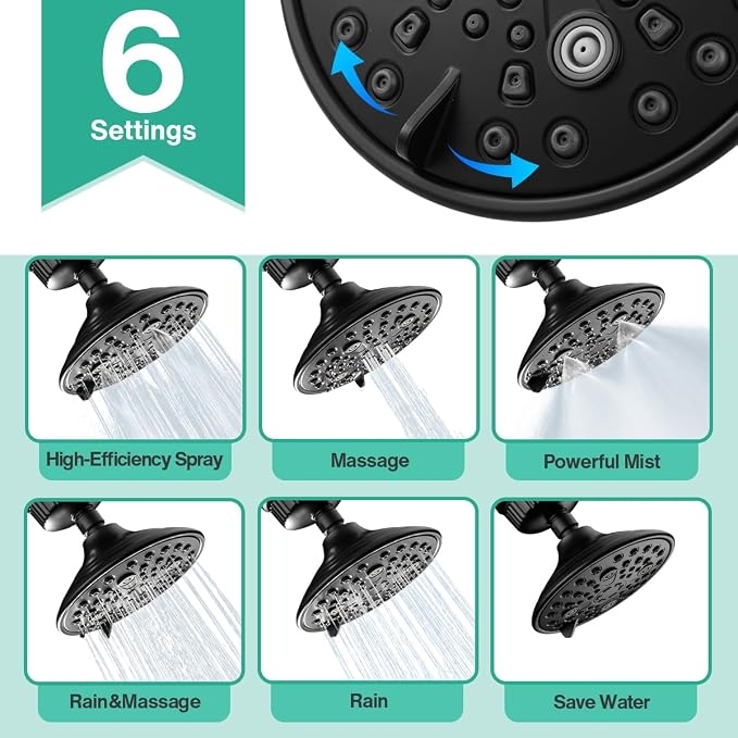 Cobbe 6-Setting High Pressure Filtered Shower Head Combo, Detachable Rain - Image 5
