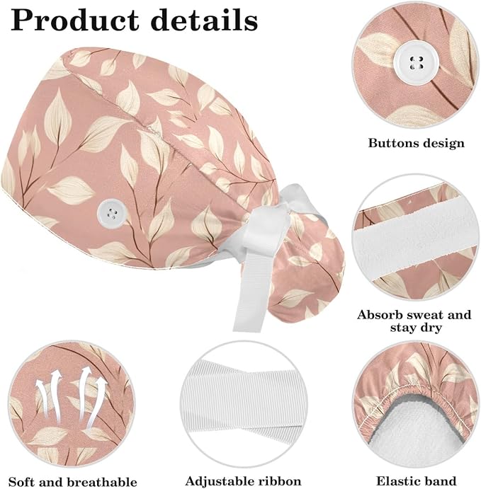Scrub Caps Women Ponytail Cute Pink and White Leaves Caps Bouffant Working Hat - Image 4
