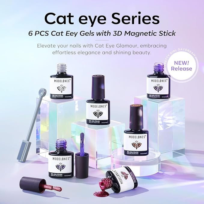 modelones Cat Eye Gel Nail Polish Set, 6 Colors Winter 9D Glassy Cat Eye - Image 6