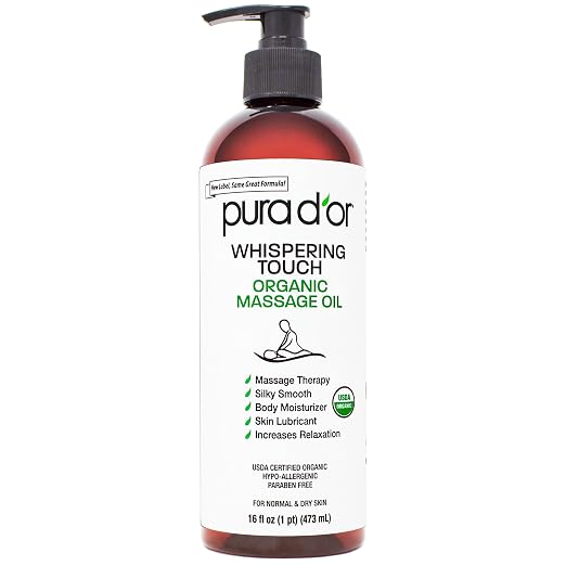 PURA D'OR 16 Oz Organic Massage Therapy Oil USDA Certified Body Moisturizer & by PURADOR