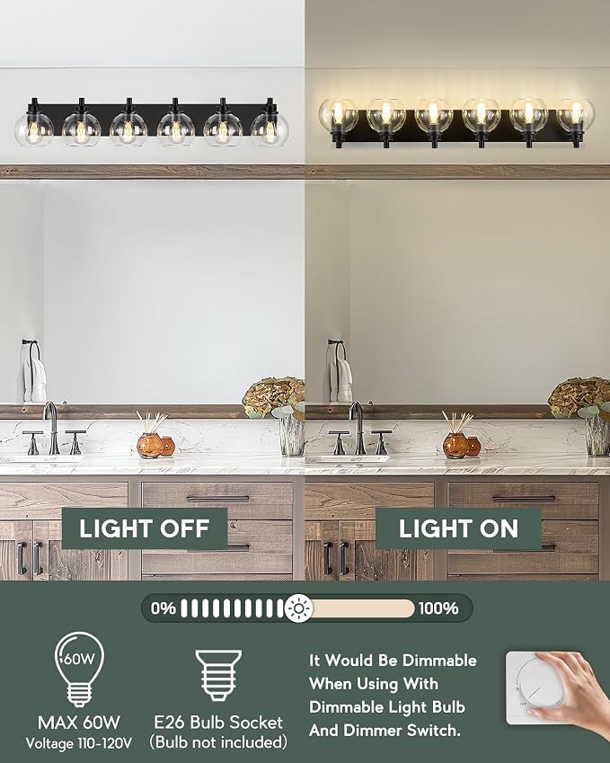 Bathroom Light Fixtures, 6 Light Matte Black Vanity Light, 38 Inch Modern Wall - Image 6