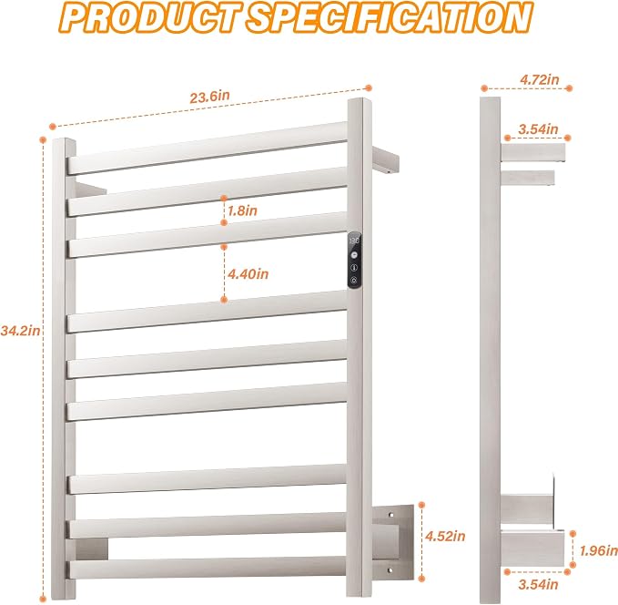 9 Bars Wall Mounted Towel Warmer, Heated Towel Rack - Image 6