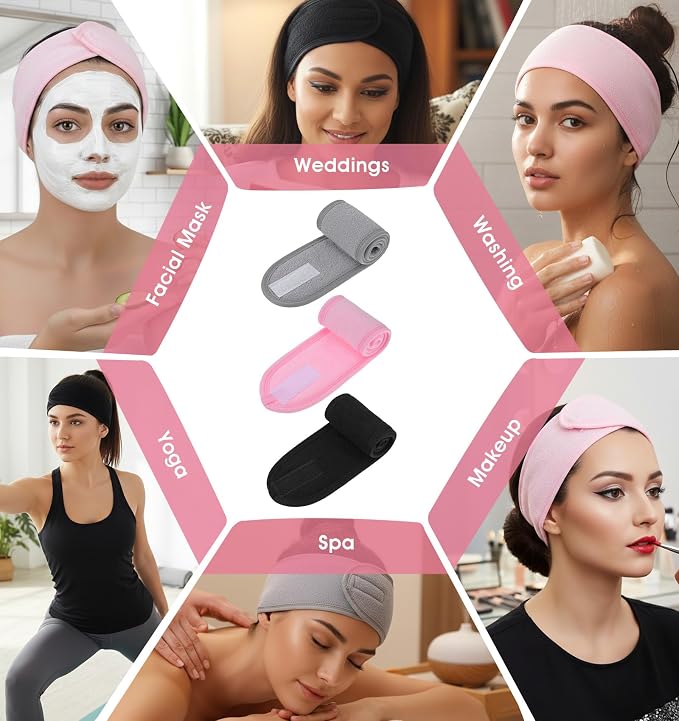 3 Pack Face Wash Headband, Adjustable Spa Headbands - Image 3