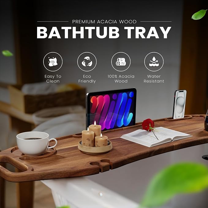 Lush & Style Premium Large Bathtub Tray Large & Thick 35x10 Inch, Acacia Wood - Image 2