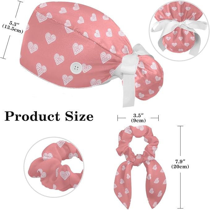 Scrub Caps Women Ponytail Cute Pink and White Leaves Caps Bouffant Working Hat - Image 2