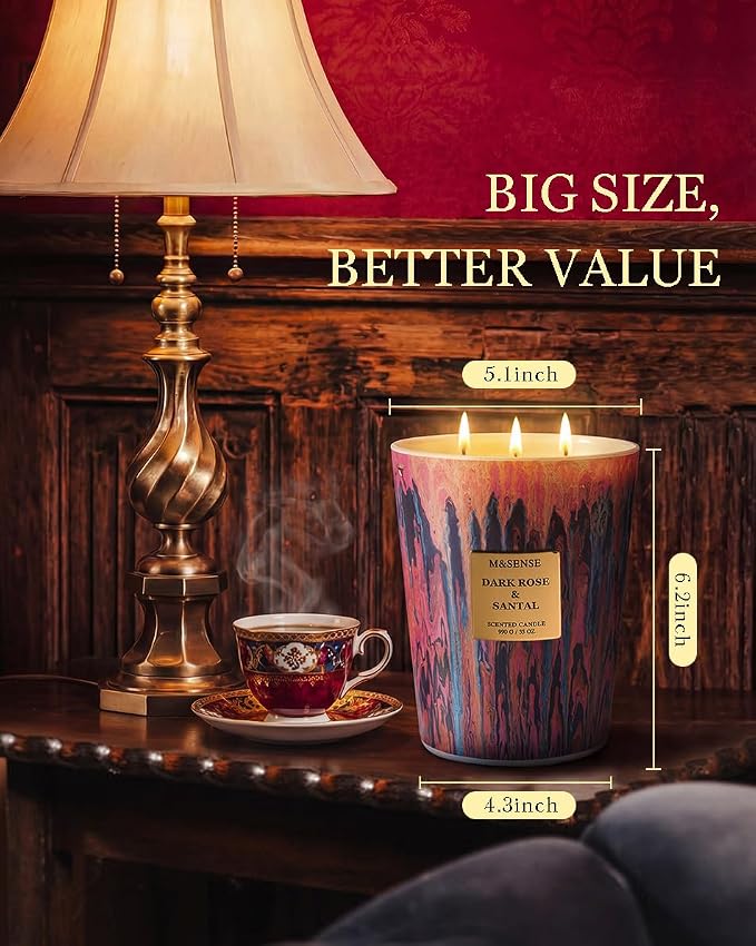 M&SENSE 3-Wick Dark Rose Large Soy Scented Candle, 35oz 150H Non-Toxic Luxury - Image 2