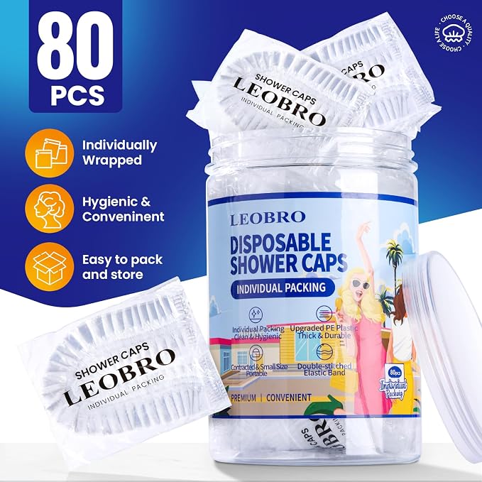 LEOBRO Shower Cap, Plastic Shower Caps Disposable, Plastic Hair Caps, Deep - Image 2