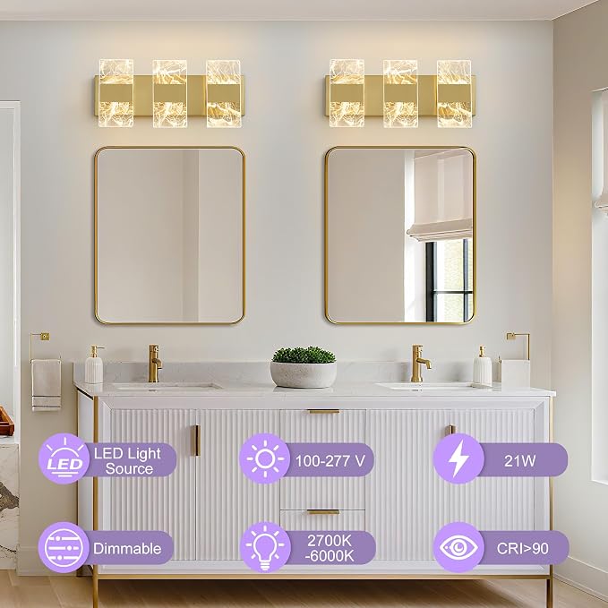 Modern LED Bathroom Light Fixtures Dimmable 3-Light Gold Vanity Light, 5CCT - Image 2
