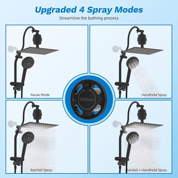 Hibbent Dual Filter All Metal 12" Rainfall Showerhead Combo, High Pressure - Image 2